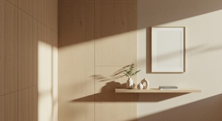 Serene Minimalist Composition: An elegant interior scene bathed in natural light. A blank canvas frame over a wooden shelf with vase decoration and a book adding to a atmosphere of sophisticated calm.