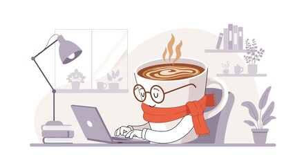 Cozy Coffee Cup Character Working At Home In Winter Illustration