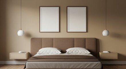 Elegant Bedroom Interior: A contemporary bedroom showcases a minimalist design with neutral tones, featuring a bed, floating nightstands, framed wall art, and pendant lighting.