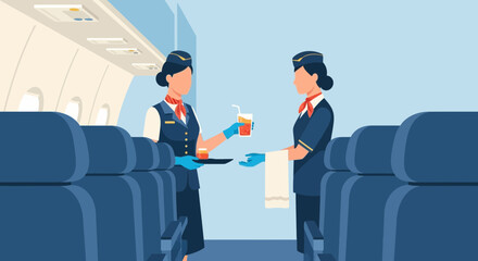 Attentive Flight Attendants Serving Drinks On Airplane For Passenger Comfort
