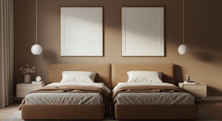 Modern Bedroom Interior with Empty Frames: A serene interior featuring twin beds, illuminated by soft pendant lights, with two blank frames. Minimalist aesthetic.