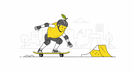 Fototapeta premium Cheerful Lemon Character Enjoying Skateboarding Adventure In Urban Landscape