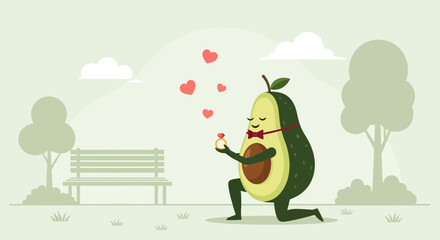 Fototapeta premium Avocado Proposes With Ring In Park Under Hearts For Romantic Moment