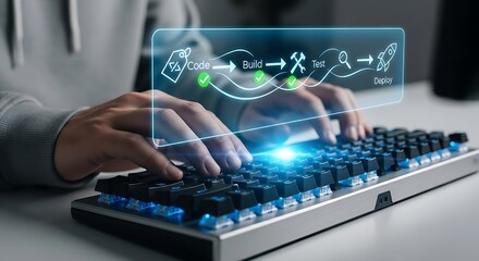 A person's hands typing on a keyboard with a digital software development process overlay.