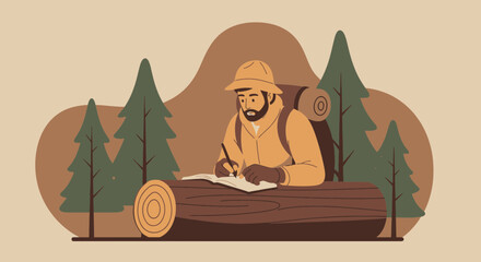 Obraz premium Backpacker Taking Notes In Nature During A Trekking Adventure Trip
