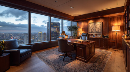 Executive corner office featuring panoramic city skyline views, rich dark wood paneling, a custom mahogany desk, and warm ambient lighting for a sophisticated corporate setting.


