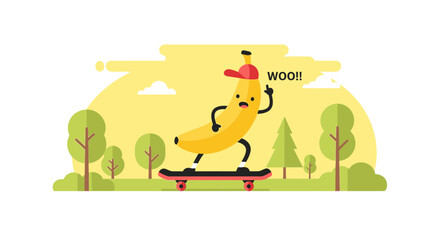 Fototapeta premium Banana Is Skateboarding In The Park, Vector Illustration For Kids