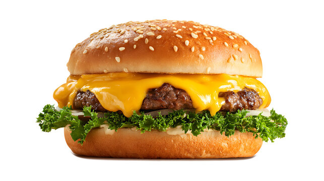 Naklejki Front view of a burger with Beef onions and cheese isolated on a white background