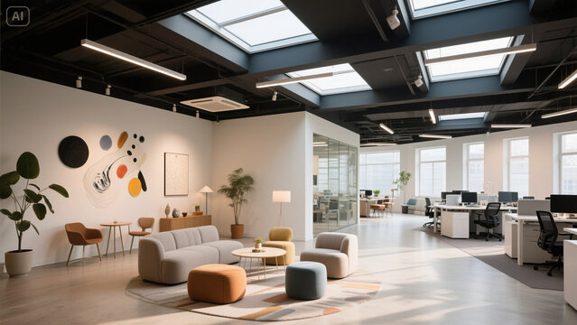 Artistic open office with skylights, neutral-toned walls, and collaborative zones designed for creativity and teamwork in a bright, modern workspace.

