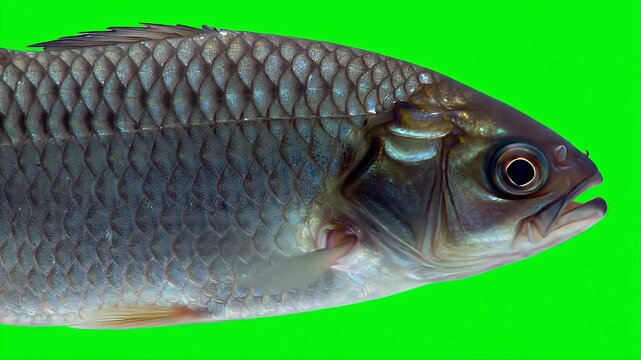 3D Realistic Ikan Kancra or Tor Tambroides Isolated on Green Screen Displaying Intricate Scales and Natural Details for Wildlife Production and Digital Compositing