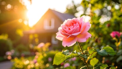 Beautiful pink rose in garden at sunset