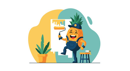 Fototapeta premium Cheerful Pineapple Painter Decorating A Wall With Yellow Paint And Fun Colors