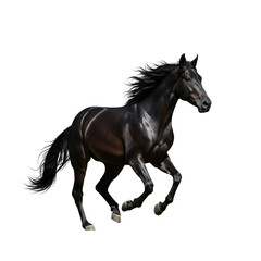 Elegant black horse gallops powerfully, showcasing its sleek coat and muscular build against a dark backdrop.