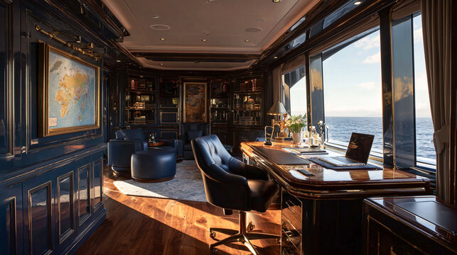 Luxury yacht-inspired office with teak flooring, navy blue leather chairs, and stunning ocean views at golden hour lighting, blending nautical elegance with executive style.

 - Powered by Adobe