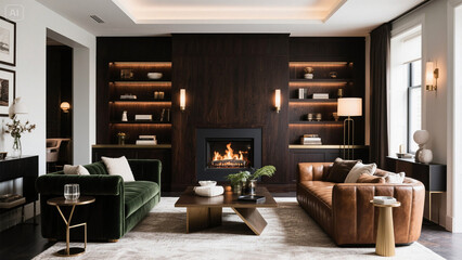 Sophisticated luxury lounge room with dark wood finishes, rich leather and velvet furnishings—ideal virtual background for Zoom meetings, corporate calls, and upscale video content.

