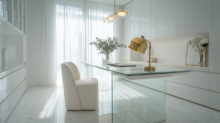 Minimalist luxury office with pristine white interior, sleek glass desk, matte gold accents, and a designer lamp—ideal virtual background for Zoom meetings, webinars, and remote work calls.

