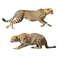 Two cheetahs showcase their agility and speed, one running and the other crouching, highlighting their powerful feline grace.