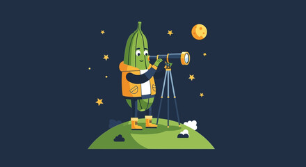 Cucumber Explorer Gazing At Starry Night Sky With Telescope