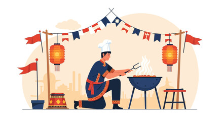 Culinary Celebration A Chef Grilling Meat at a Cultural Festive Fair