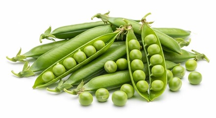 Fresh green peas, pods opened, revealing vibrant peas, isolated on white.