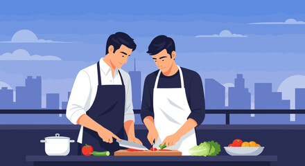 Culinary Collaboration Young Men Cooking Together on Rooftop with Cityscape