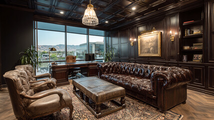 Sophisticated corporate office with dark walnut walls, Italian leather furniture, and crystal decor—ideal virtual background for Zoom meetings, webinars, and executive video calls.

