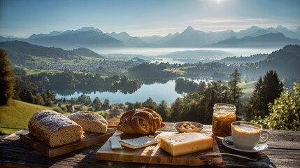 Scenic Breakfast with Bread and Cheese Overlooking Mountains
