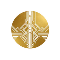 Golden art deco emblem features geometric shapes and white lines in a circular design, perfect for vintage themes.