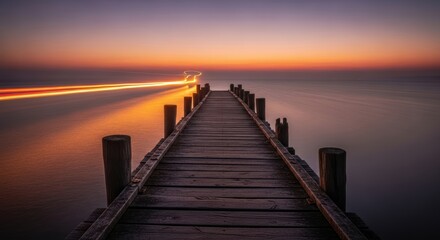 Obraz premium Seaside wooden pier at sunset with light trails over calm ocean waters