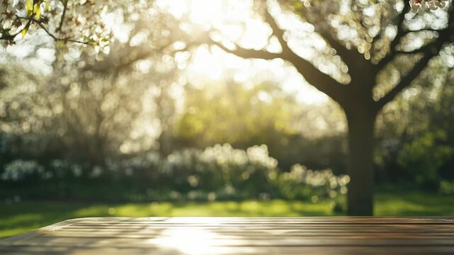 A simple wooden table with a tall tree standing behind, great for various scenes and stories