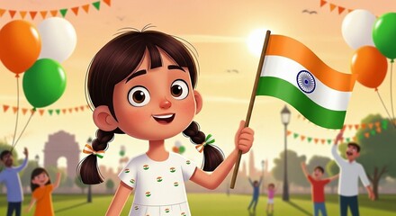 A cheerful girl holds the Indian flag in a park setting with balloons and other people celebrating, with the India Gate visible in the background.