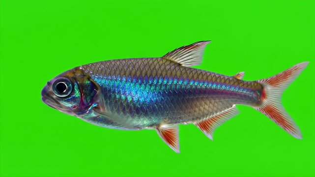 A Single Neon Tetra Fish Paracheirodon Innesi Isolated on Green Screen With Blue Stripe and Red Fins