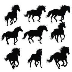 Set of Black Horse Silhouettes Running and Galloping Vector Illustration for Design and Art Projects