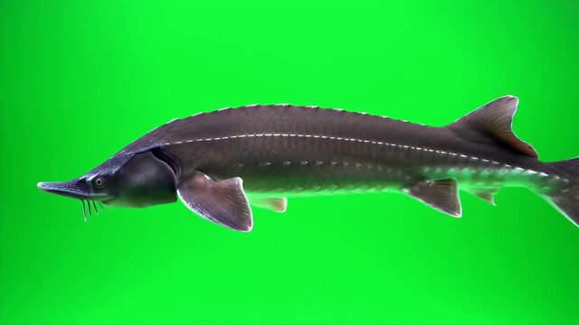 Beluga Sturgeon Huso Huso Realistic 3D Animation Isolated on Green Screen Perfect for Wildlife Educational Content and Digital Integration Projects