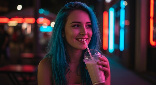 Beautiful blue haired young woman in 18 years old is drinking milkshake, her face illuminated more by soft neon lights , she enjoys her drink, night time, , Generative AI