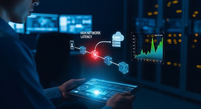 Technologist analyzes network latency data on a tablet, visualizing data flow and cloud connection within a server room. - Powered by Adobe