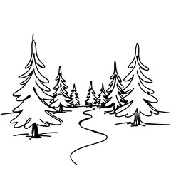 Obraz premium Minimalistic continuous line drawing of snowy street with Christmas trees, abstract elegance, winter wonderland concept.