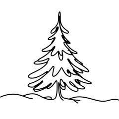 Obraz premium Minimalistic black and white single line drawing of a snow-covered pine tree on a plain background, concept of elegance and simplicity in design, home decor, art studios.
