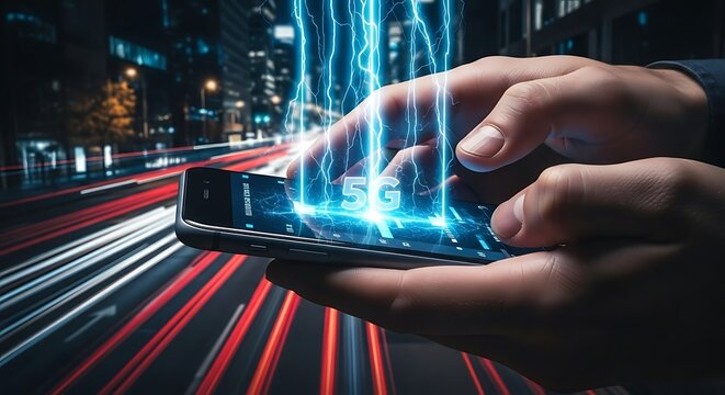 A person's hands holding a smartphone with digital energy flowing from it, showcasing 5G connectivity.