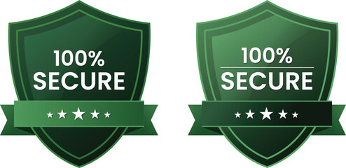 100% secure shield badge icons – green vector security labels with stars for safe payment, trusted protection, antivirus branding, and online website trust symbols.