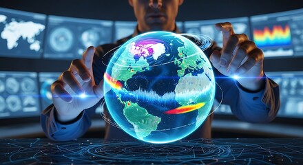 Man interacting with a holographic globe, surrounded by monitors displaying data and visualizations.