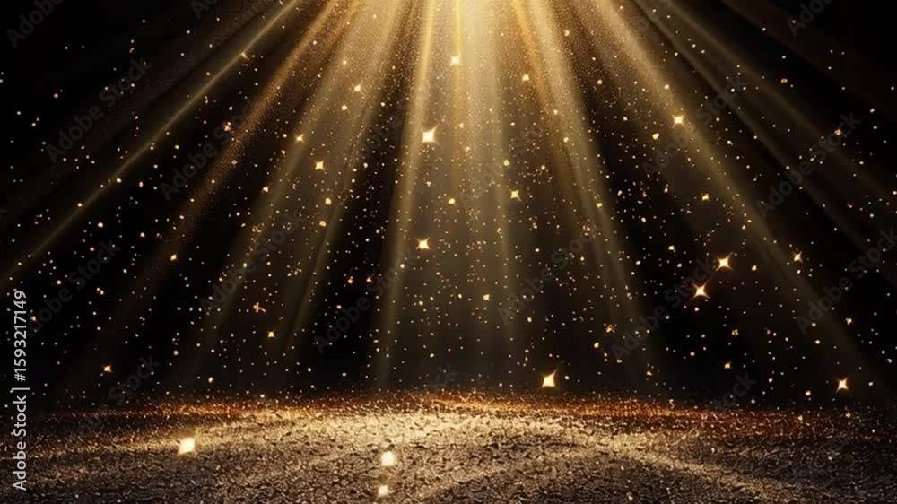 Poster golden light beams illuminate dark space, creating magical atmosphere filled with sparkling particle