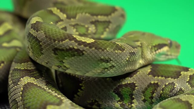 Detailed 3D Green Tree Python Coiled Isolated on Green Screen Background for Wildlife Productions