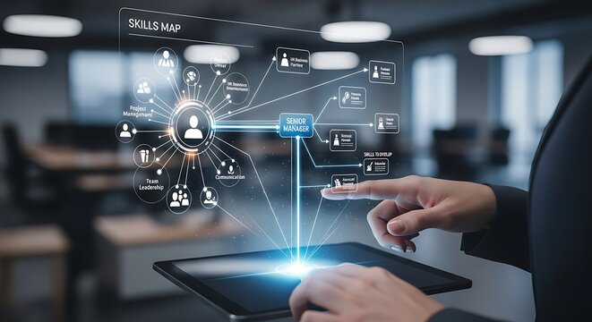 A person interacts with a digital network diagram displayed on a tablet, showcasing a complex system of interconnected data points.
