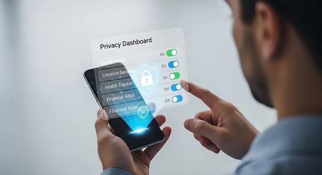 A person interacts with a smartphone displaying a holographic privacy dashboard interface.