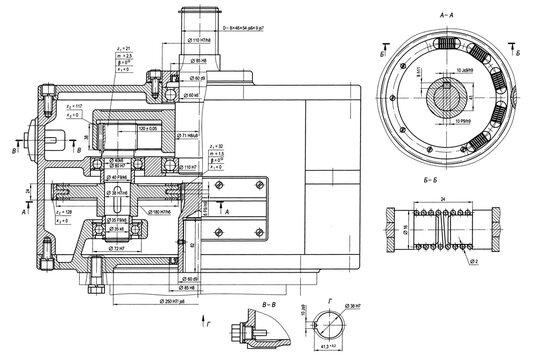 Engineering mechanical drawing of steel devices
- motor gear (reducer, gearbox, engine)
with dimension lines. Industrial 
cad scheme on paper sheet. Technology background
of machine building industry.