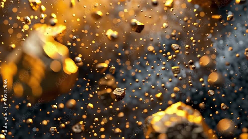 Poster stunning exploration of floating gold rocks and shiny particles, creating depth and movement with ab