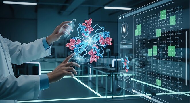 Scientists interact with a holographic protein structure in a futuristic laboratory setting, showcasing advancements in biotechnology.