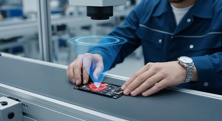 Technician inspecting circuit board on a conveyor belt with augmented reality overlay.