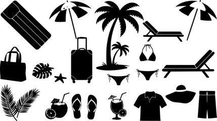 summer time beach holidays travel design elements, decoration Silhouettes: mattress, suitcase, umbrella, sunchair, palm tree, leaf, fruits, pineapple, coconut drink, flip flops, bikini, hat, shirt	